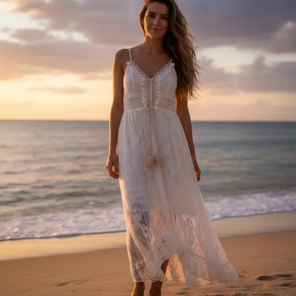 Cupshe White Lace Maxi Dress with Pom-Tie Straps - Picture 2 of 7